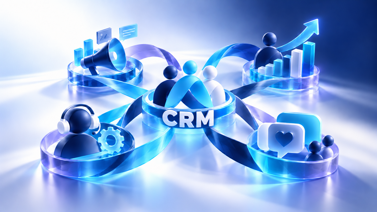 CRM cycle connecting marketing, sales, feedback and support